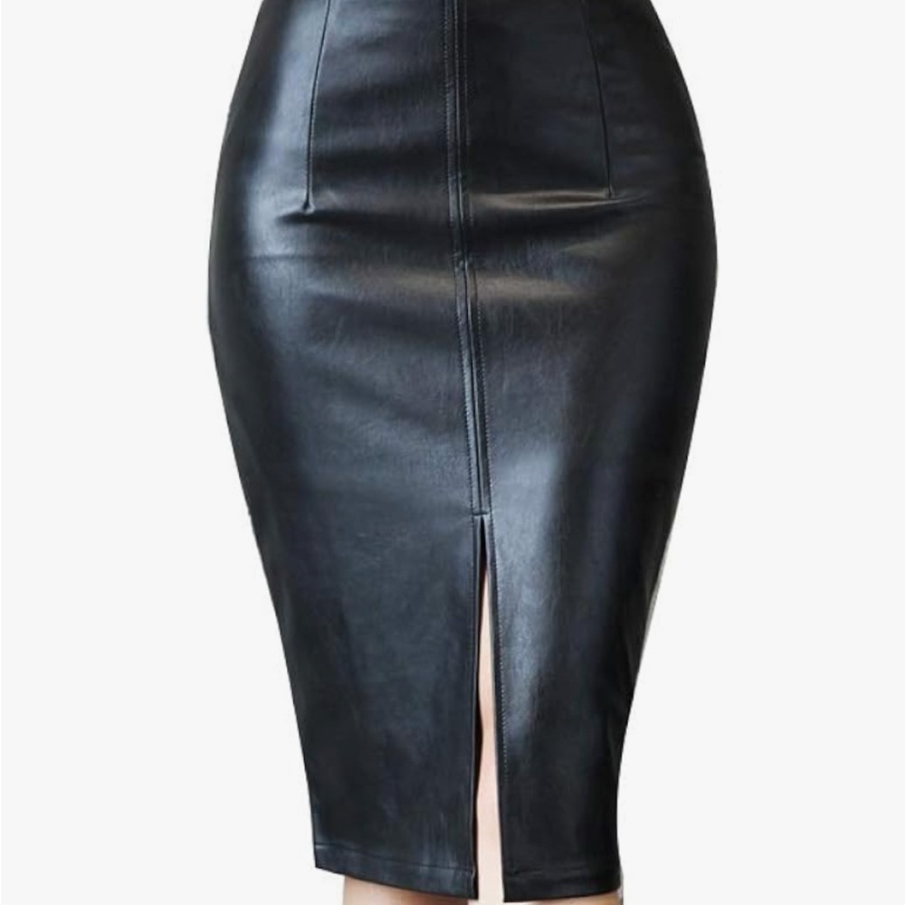 Faux Leather Pencil Skirt High Waist Split Lady's Half Body Midi Hip Skirt